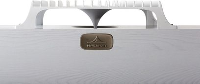 Polk Audio S30 hvid center højttaler, set forfra, med hvid gitterbeklædning og sølvfarvet "Power Port"-logo i midten