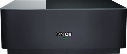 Płaski prostokątny subwoofer Canton Smart Sub 10 w kolorze czarnym, gładki front z centralnie umieszczonym logo i zieloną diodą sygnalizacyjną