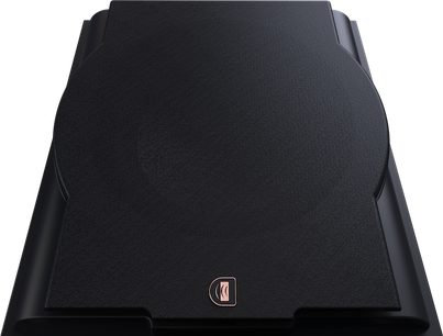 Касон на нискочестотен Perlisten R12s, изглед отгоре, черна текстурирана повърхност, лого в долната част, правоъгълна форма с закръглени ъгли