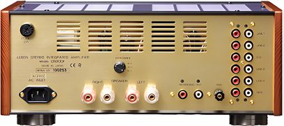 Rørvakuum hi-fi-forstærker Leben CS300F, gylden frontpanel, sorte og røde knapper og stik, træhus
