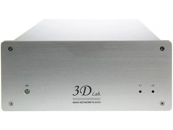 3D Lab Nano player platinum V5 netværksaudioafspiller i børstet aluminium, frontvisning, 2 knapper og 2 LED'er på forsiden