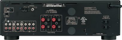 Onkyo TX-8255 sort hi-fi stereoforstærker, set forfra, stik og betjeningselementer på forsiden, blå LED-display