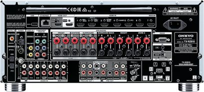 Onkyo TX-RZ810 sølvfarvet hjemmebiograf-forstærker, set forfra, med mange lyd- og videostik, knapper og drejeknapper til justering