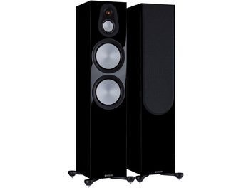 Monitor Audio Silver 500 7G fekete lakkozott álló hangsugárzók, elölnézet, két ezüstszínű ovális hangszóró fekete előlapban