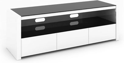 Lavt hvidt og blankt sort TV-møbel med 3 døre og 3 skuffer i en ren, moderne stil