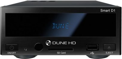 Dune HD Smart D1 svart nettverksmediespiller, frontpanel med blå skjerm, knapper og SD-kortleser