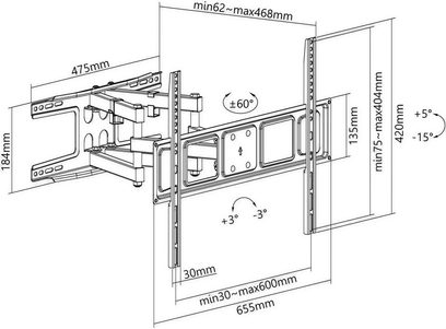 Technische Zeichnung mit Abmessungen einer schwenkbaren Wandhalterung Norstone Mount FULL MOTION 120 für Fernseher, Seiten- und Frontansicht