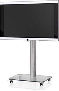 Fristet TV-møbel i børstet metal med glashylde, rektangulært fladt sort TV-panel på centralt lodret stativ