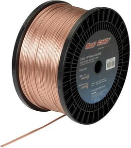 Bobine de câble audio cuivre transparent Real Cable P400T, diamètre épais, sur support plastique noir circulaire