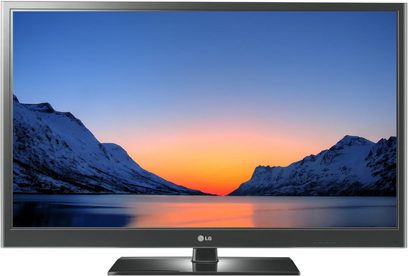 LG 50PZ550 tv der viser et bjerglandskab ved solnedgang, sort kant, rektangulær fod