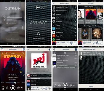 Screenshots af D-Stream mobilappen på en smartphone, der viser brugergrænsefladen, menuerne og lydafspilningsmulighederne