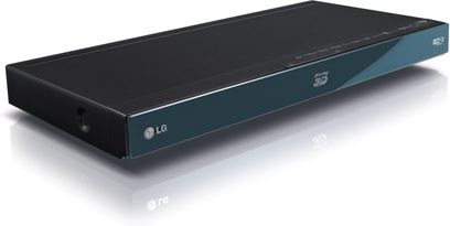 LG BX-580 sort 4K Blu-ray-afspiller, set oppefra i perspektiv, forside med LG-logo og tænd/sluk-knap