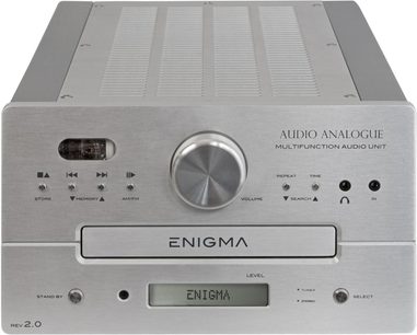 Enigma Rev 2.0 lydsystem i børstet aluminium med sølvfarvet front, knapper, volumeknap, display og højttalergitter
