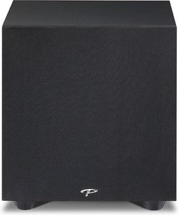 Paradigm Defiance X10 sort satineret subwoofer, set forfra, kubisk form, mat sort materiale, hvidt "P"-logo