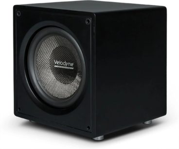 Velodyne VI-Q 12 sort subwoofer, kubeformet kabinet med frontvendt højttaler med flettet metalkegle, trekvartvisning