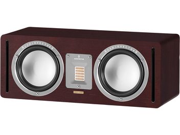 Cassa centrale AudioVector QR Center SE in noce, cabinet rettangolare in legno di noce marrone vista frontale, due altoparlanti argentati che incorniciano un tweeter a nastro centrale su piastra grigio metallizzato, fessure bass-reflex verticali nere alle estremità