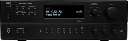 Sort NAD C725BEE hi-fi stereoforstærker, frontpanel med knapper, drejeknapper, display, hovedtelefon- og mikrofonindgange
