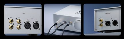 Hopeanvärinen hi-fi-etuvahvistin, takapaneeli, jossa RCA- ja XLR-tulot, etuvahvistinlähdöt ja kaapelit takanäkymässä