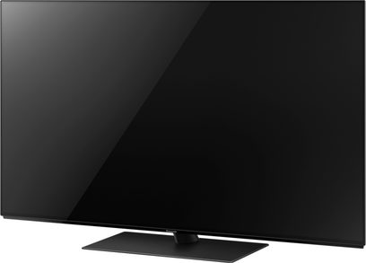 Panasonic TX-65FZ800E fladskærms-TV, rektangulært sort slukket panel på centralt metalstativ, set forfra