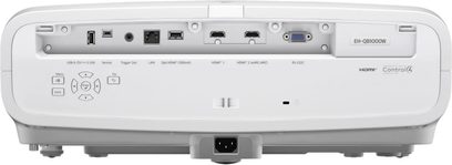 Epson EB-QB1000 hvid, bagsidevisning, forskellige tilslutninger, HDMI-porte, USB, LAN, RS-232C, menuknapper, central strømforsyning