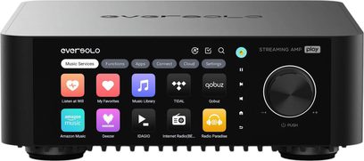 Amplificatore hi-fi integrato stereo EverSolo Play nero in alluminio, vista frontale, con schermo touch a colori sulla sinistra del pannello frontale e ampia manopola del volume circolare con bordo sulla destra