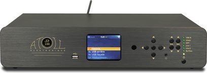 Atoll ST-100SE netværksaudioafspiller, sort aluminiumskabinet, frontpanel med skærm, knapper, USB-port, set forfra