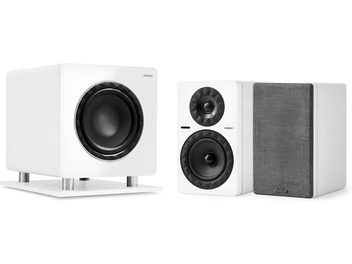 Pack audio Elipson bianco con subwoofer, diffusore da scaffale e griglia frontale grigia rimovibile