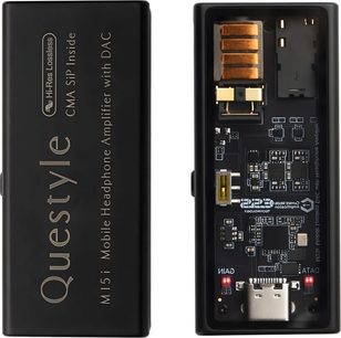 Korkean suorituskyvyn kuuloke-esivahvistin M15i, etu- ja sisänäkymä, musta suorakulmainen kotelo, näkyvät elektroniset piirit, USB-C-liitännät