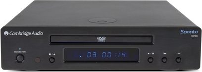 Cambridge Audio Sonata DV30 sort Blu-ray-afspiller, frontvisning, blå display, knapper og diskskuffe