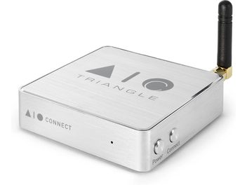 Hopeanvärinen Triangle AIO Connect -verkkosoidinsoitin, ylänäkymä, tummanharmaa Triangle-logo yläkannen harjatulla alumiinipinnalla