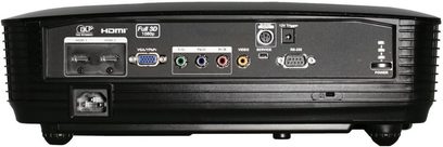 Optoma HD300X sort videoprojektor, set forfra, VGA/YPbPr-, HDMI-, RS-232-, 12V trigger-stik, fuld 3D 1080p