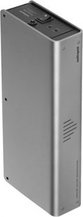 Multiprzewód Audioquest Niagara 1200 w kolorze metalicznej szarości, widok z przodu, format pionowy, 6 gniazd, przełącznik i lampka kontrolna na przedniej ściance