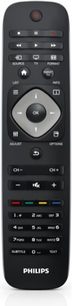 Sort Philips 40PFL5537H fjernbetjening med multifarvede knapper og LCD-skærm, der viser ikoner, set forfra