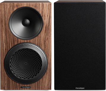 Diffusore da scaffale Paradigm Premier 220B v2 noce, vista frontale con altoparlanti neri e griglia rimovibile nera