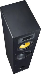 Coloană Davis Acoustics Dhavani MK2 neagră din material compozit, vedere 3/4, tweeter cu pavilion, difuzor galben, port frontal