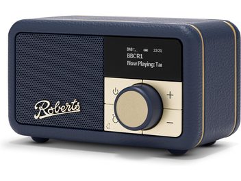 Three-quarter view of the Roberts Revival Petite 2 table radio in navy blue textured faux leather, featuring a perforated grille front with a gold logo, black digital display, four square gold buttons surrounding a large gold knob, and edges accented with thin metallic trim.