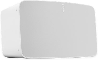 Sonos Five trådlös högtalare i matt vitt, kompakt rektangulär form, perforerat metallgaller på framsidan, slät plast