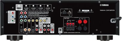 Yamaha RX-V375 sort hjemmebiografsforstærker, frontpanel, audio/video-tilslutninger, kontrolknapper, LED-display