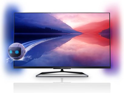 Philips 55PFL6158K-tv, der viser et sølandskab med en flydende metalkugle på en blå gradueret baggrund