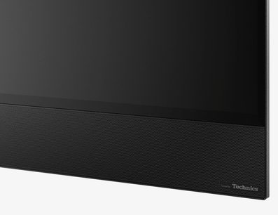 Panasonic TX-65HZ2000E-tv, sort slukket skærm, smal mat sort ramme, Technics-logo nederst til højre, set forfra