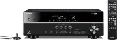 Sort Yamaha RX-V375 hjemmebiografsforstærker, frontpanel med LCD-skærm, knapper, drejeknapper, porte, fjernbetjening foran