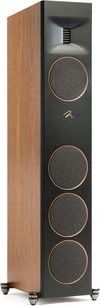 Diffusore a colonna MartinLogan Motion XT F100 noce con quattro griglie circolari nere e un pannello laterale in legno