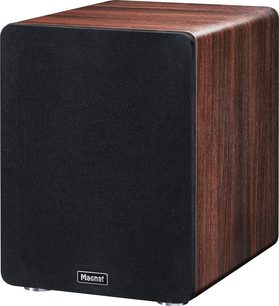 Subwoofer Alpha RS 8 mocca, vedere din unghi, față neagră cu logo vizibil, laterale și partea superioară din lemn cu finisaj maro