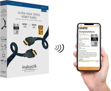 Inakustik Premium II 48G Ultra High Speed HDMI-kabelboks 2m og hånd, der holder en smartphone, der viser kabelspecifikationerne