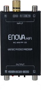 Phono-forforstærker Enova HIFI MC-MM PP 120, frontvisning, sort rektangulært kabinet, RCA-stik, USB, gylden knap, hvid skrift