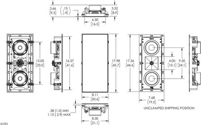Klipsch THX-502-L duvar içi yerleştirilebilir hoparlör, inç cinsinden boyutlarıyla teknik şema, ön, yan ve arka görünüm