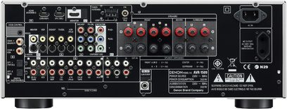 Denon AVR-1509 sort home cinema-forstærker, set forfra, front med mange knapper, stik og indikatorer