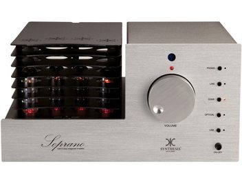 Hi-fi лампов усилвател Synthesis Soprano, алуминий, сребрист. Преден панел с бутони, жак за слушалки и видими лампи. Изглед отпред