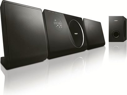 Philips HTS4600 sort hjemmebiografsystem bestående af 4 højttalere, 1 subwoofer og 1 hovedenhed