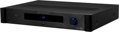Emotiva BASX TA-100 sort hi-fi stereforstærker, front med blåt display, drejeknap og tilslutninger